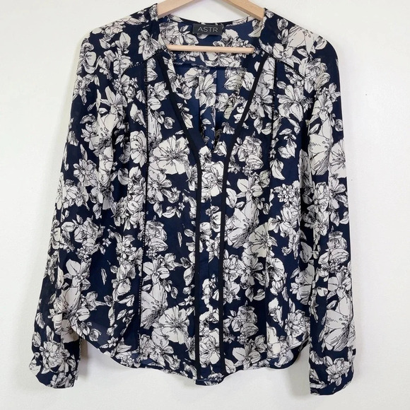 Astr Floral  Navy Slit Neck Blouse - Picture 1 of 11